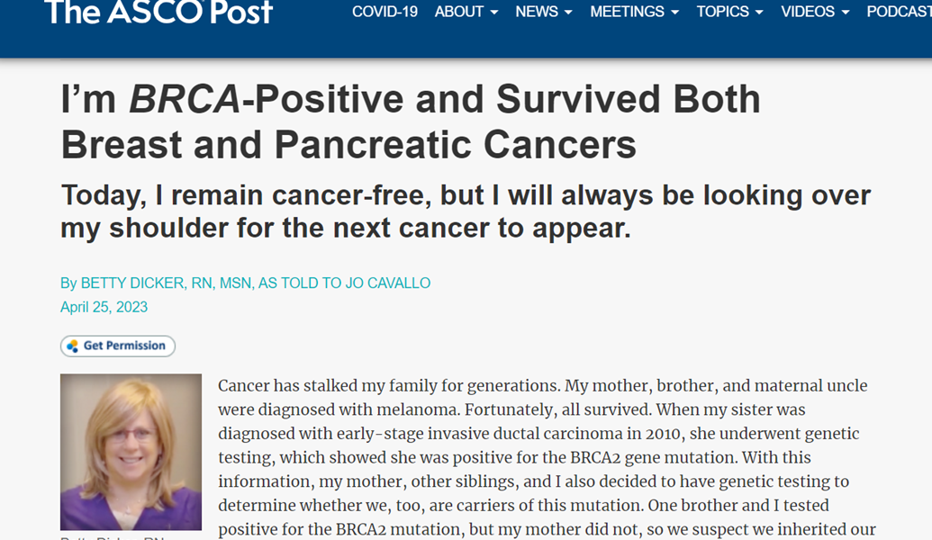 The ASCO Post: I’m BRCA-Positive and Survived Both Breast and Pancreatic Cancers